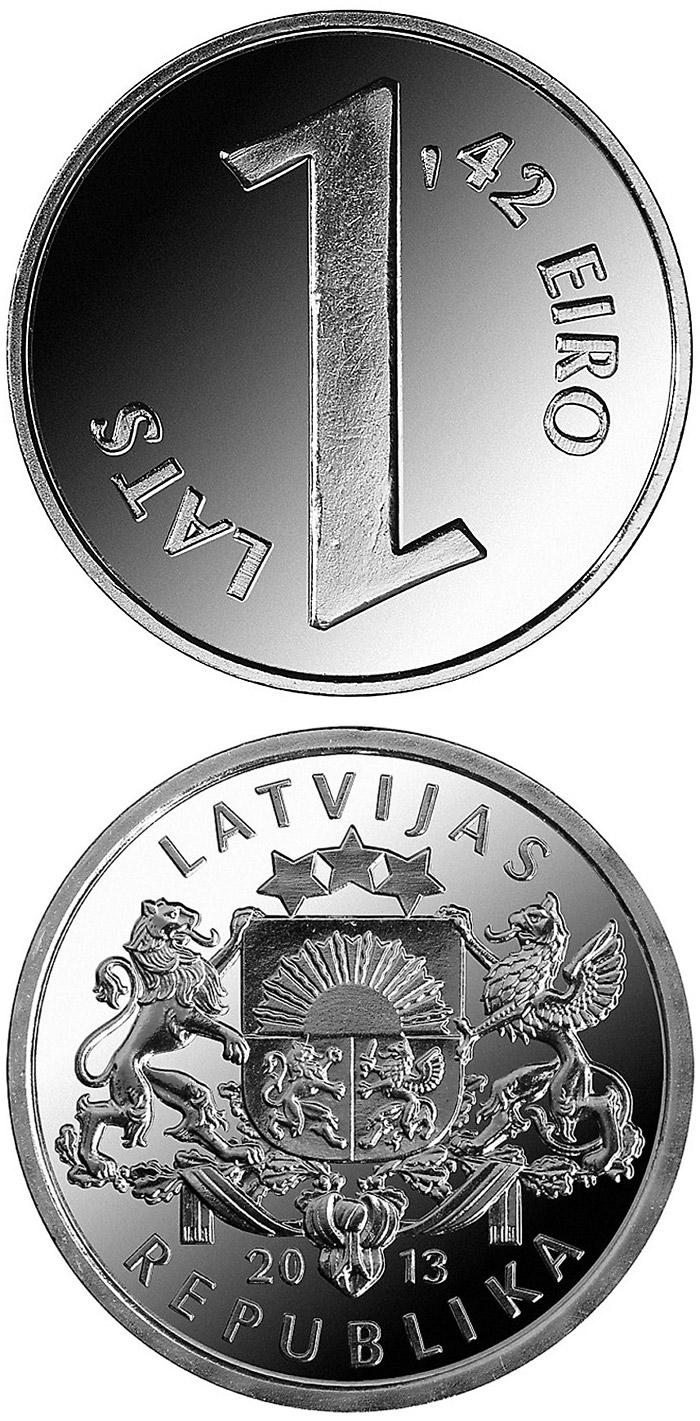 Image of 1 lats coin - Parity coin | Latvia 2013.  The Copper–Nickel (CuNi) coin is of UNC quality.