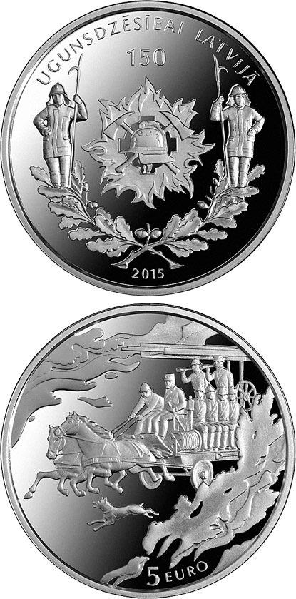 Image of 5 euro coin - 150 Years of Firefighting in Latvia | Latvia 2015.  The Silver coin is of Proof quality.