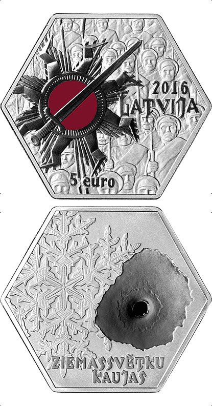 Image of 5 euro coin - Christmas battles | Latvia 2016.  The Silver coin is of Proof quality.