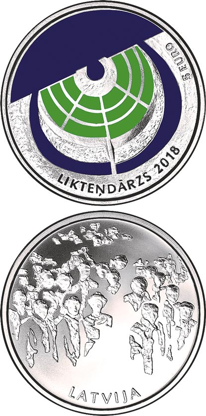 Image of 5 euro coin - The Garden of Destiny | Latvia 2018.  The Silver coin is of Proof quality.