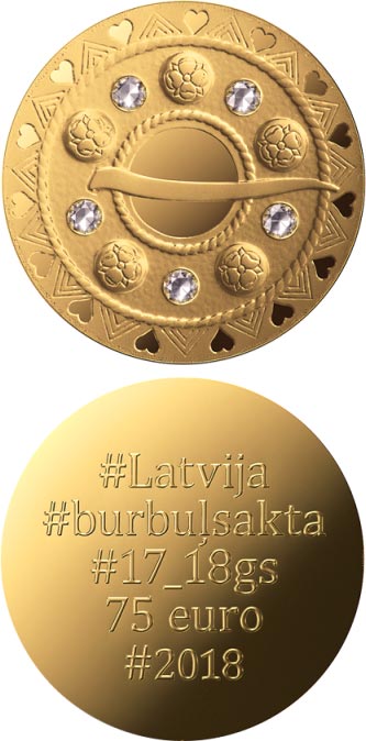 Image of 75 euro coin - Gold Brooches - The Bubble Fibula | Latvia 2018.  The Gold coin is of Proof quality.