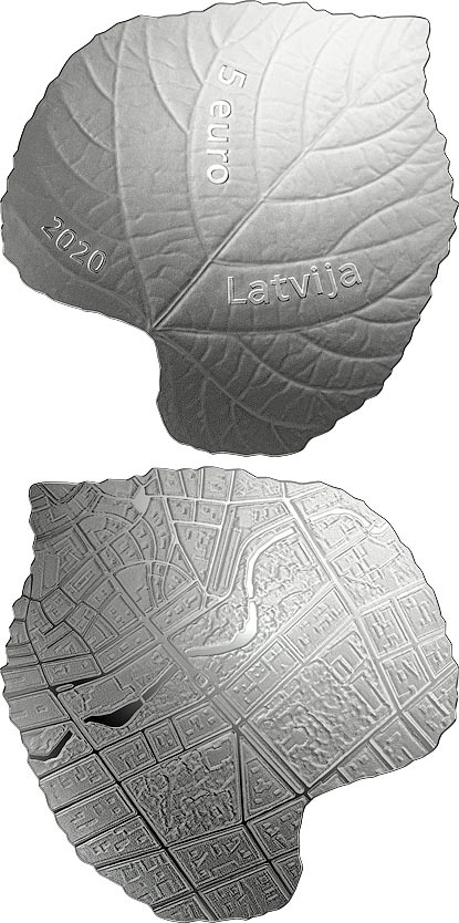 Image of 5 euro coin - Linden leaf | Latvia 2020.  The Silver coin is of Proof quality.