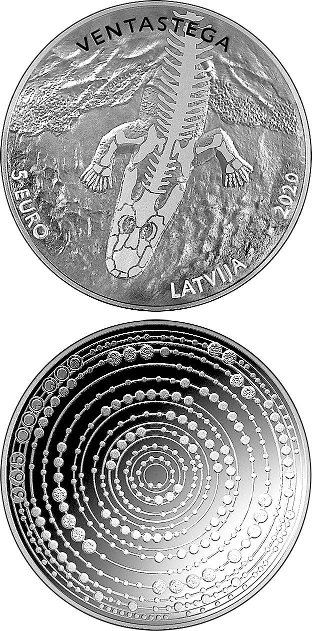 Image of 5 euro coin - Ventastega | Latvia 2020.  The Silver coin is of Proof quality.