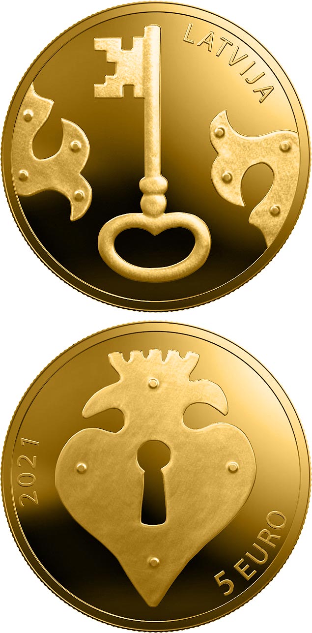 Image of 5 euro coin - The Key | Latvia 2021.  The Gold coin is of Proof quality.