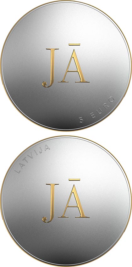 Image of 5 euro coin - YES or YES | Latvia 2021.  The Silver coin is of Proof quality.