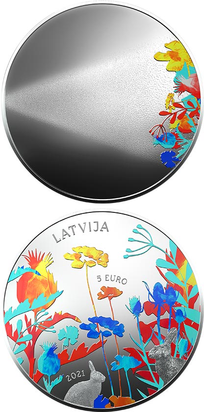 Image of 5 euro coin - Miracle Coin | Latvia 2021.  The Silver coin is of Proof quality.