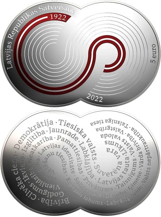 Image of 5 euro coin - Centenary of Satversme  | Latvia 2022.  The Silver coin is of Proof quality.