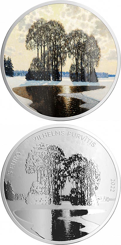 Image of 5 euro coin - Vilhelms Purvītis | Latvia 2022.  The Silver coin is of Proof quality.