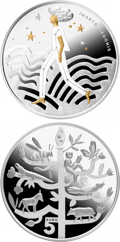 Image of 5 euro coin - Stardust | Latvia 2023.  The Silver coin is of Proof quality.