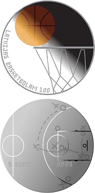 Image of 5 euro coin - Basketball in Latvia
 | Latvia 2023.  The Silver coin is of Proof quality.
