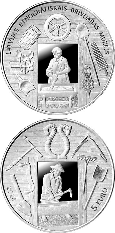 Image of 5 euro coin - Across the Times | Latvia 2024.  The Silver coin is of Proof quality.
