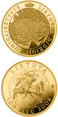 Image of 100 litas coin - The millennium anniversary of the mention of the name of Lithuania  | Lithuania 2008.  The Gold coin is of Proof quality.