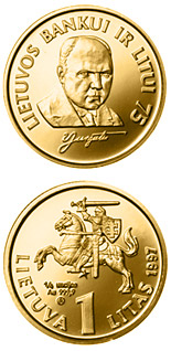 Image of 1 litas coin - Bank and litas 75  | Lithuania 1997.  The Gold coin is of Proof quality.