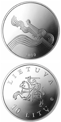 Image of 10 litas coin - Coin dedicated to music  | Lithuania 2010.  The Silver coin is of Proof quality.