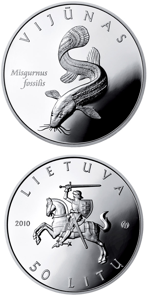 Image of 50 litas coin - European weather loach  | Lithuania 2010.  The Silver coin is of Proof quality.