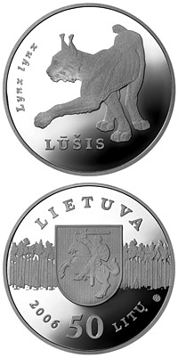 Image of 50 litas coin - Lynx  | Lithuania 2006.  The Silver coin is of Proof quality.