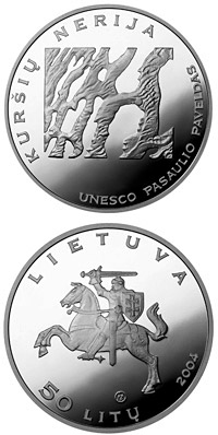 Image of 50 litas coin - Curonian spit (UNESCO World Heritage)  | Lithuania 2004.  The Silver coin is of Proof quality.