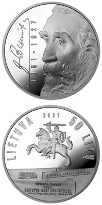 Image of 50 litas coin - 150th birth Anniversary of Jonas Basanavičius (1851-1927)  | Lithuania 2001.  The Silver coin is of Proof quality.