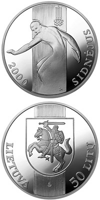Image of 50 litas coin - XXVII Olympiad (Sydney, Australia)  | Lithuania 2000.  The Silver coin is of Proof quality.
