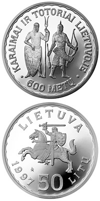 Image of 50 litas coin - 600th Anniversary of the settling down of Karaims and Tatars in Lithuania  | Lithuania 1997.  The Silver coin is of Proof quality.