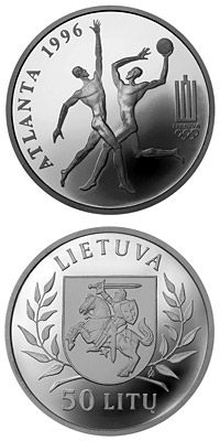 Image of 50 litas coin - XXVI Olympic Games in Atlanta  | Lithuania 1996.  The Silver coin is of Proof quality.