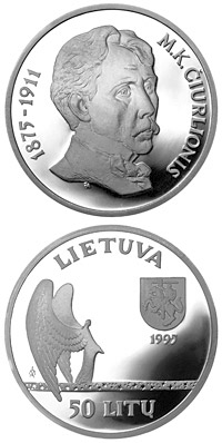 Image of 50 litas coin - 120th birth Anniversary of Mikalojus Konstantinas Ciurlionis  | Lithuania 1995.  The Silver coin is of Proof quality.