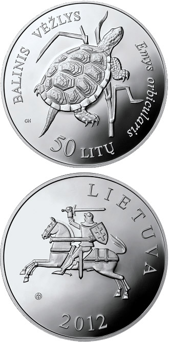 Image of 50 litas coin - European Pond Turtle | Lithuania 2012.  The Silver coin is of Proof quality.