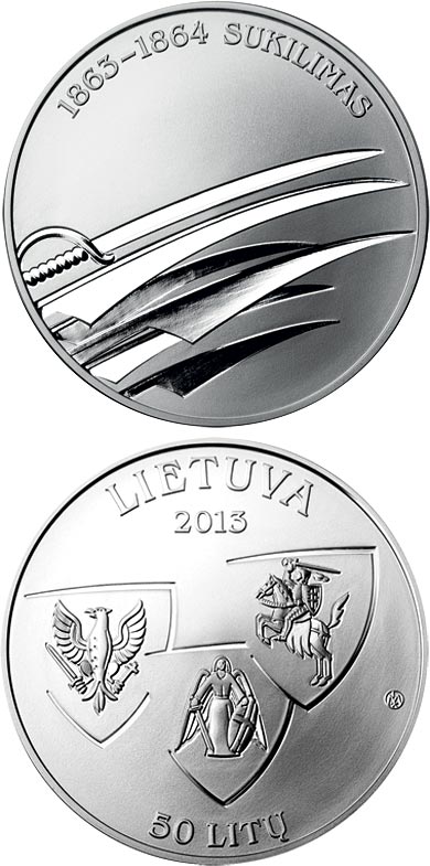 Image of 50 litas coin - 150th Anniversary of January Uprising 1863-1864  | Lithuania 2013.  The Silver coin is of Proof quality.