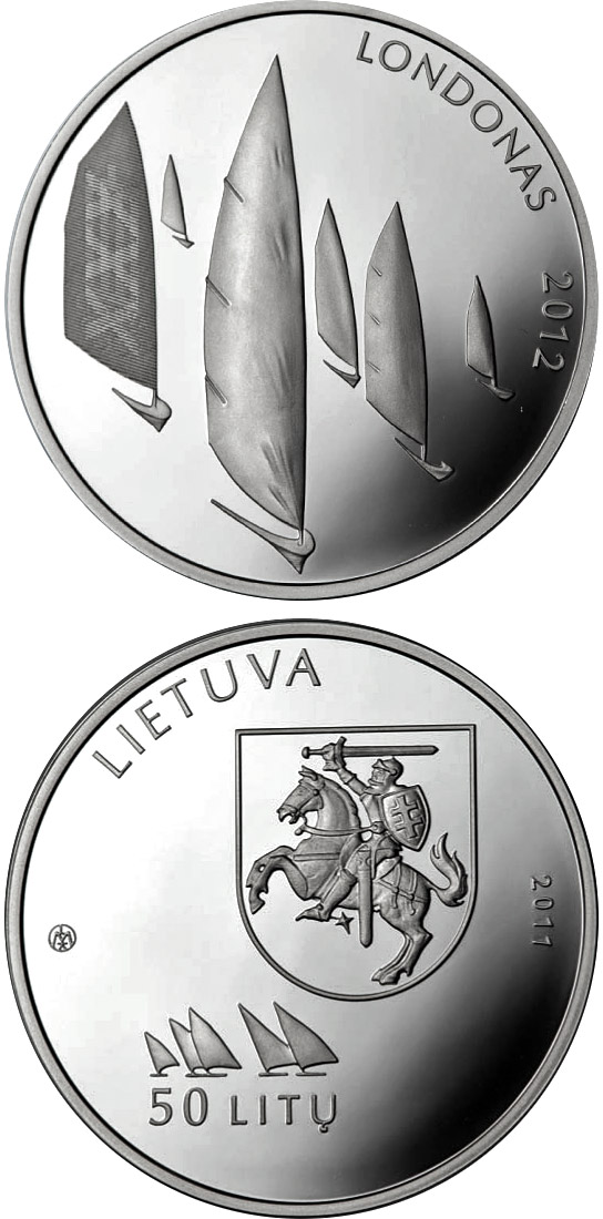 Image of 50 litas coin - Games of the XXX Olympiad in London  | Lithuania 2011.  The Silver coin is of Proof quality.