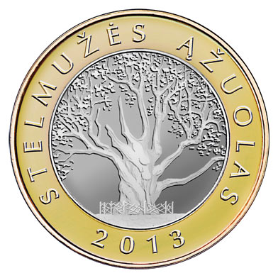 Image of 2 litas coin - Stelmuzes Azuolas | Lithuania 2013.  The Bimetal: CuNi, nordic gold coin is of Proof, UNC quality.