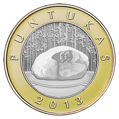 Image of 2 litas coin - Puntukas | Lithuania 2013.  The Bimetal: CuNi, nordic gold coin is of Proof, UNC quality.