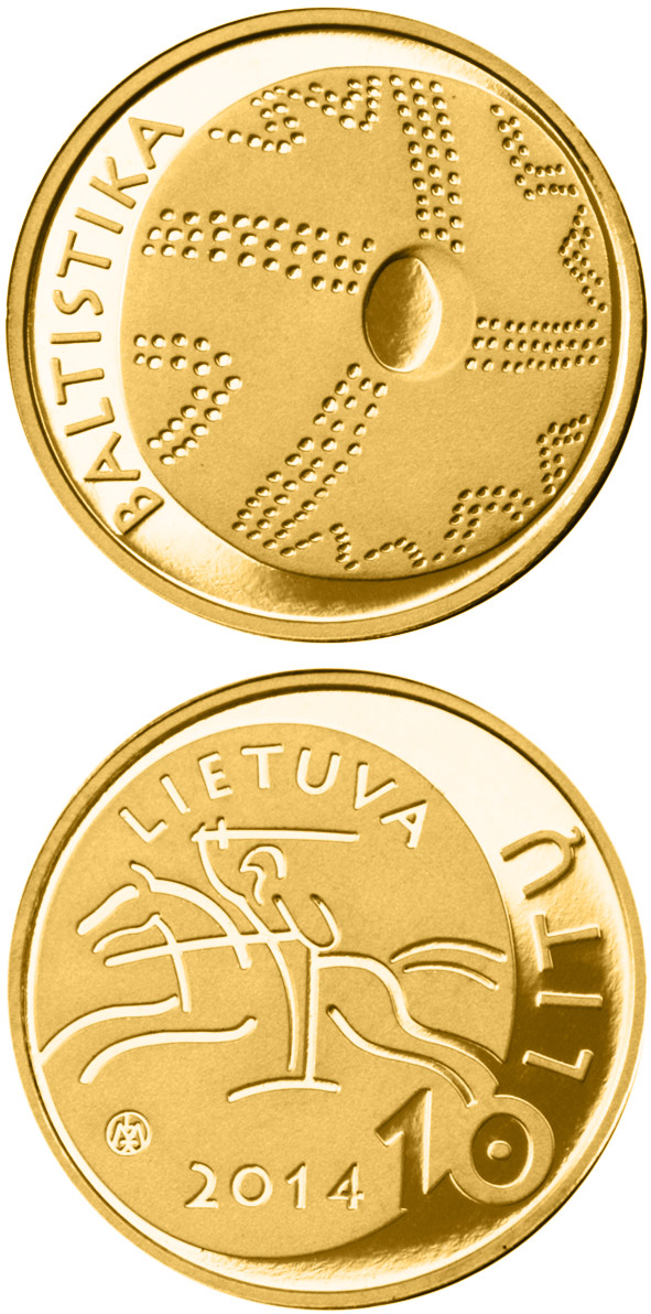 Image of 10 euro coin - The Baltistika | Lithuania 2014.  The Gold coin is of Proof quality.