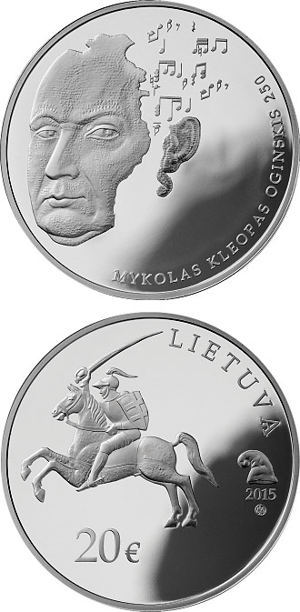 Image of 20 euro coin - 250th anniversary of the birth of Mykolas Kleopas Oginskis | Lithuania 2015.  The Silver coin is of Proof quality.