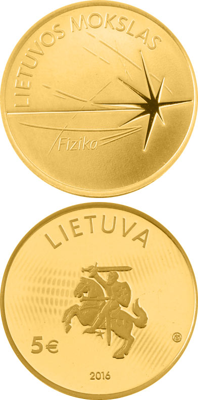 Image of 5 euro coin - Physics | Lithuania 2016.  The Gold coin is of Proof quality.