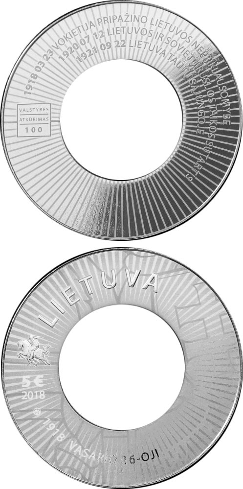 Image of 5 euro coin - Diplomacy  | Lithuania 2018.  The Silver coin is of Proof quality.