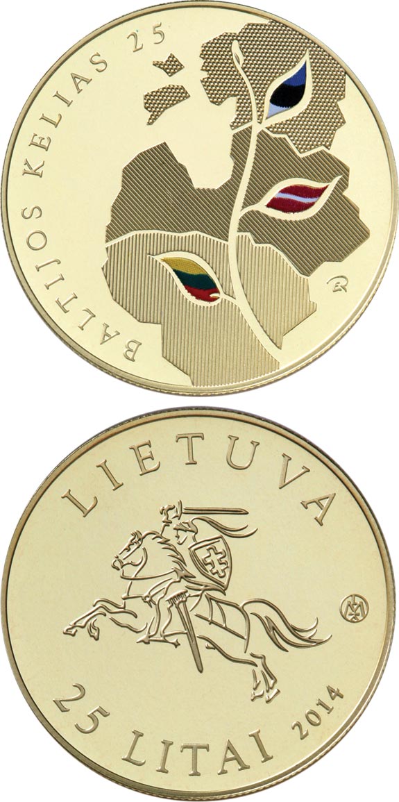 Image of 25 litas coin - 25th anniversary of the Baltic Way | Lithuania 2014.  The Copper–Nickel (CuNi) coin is of proof-like quality.