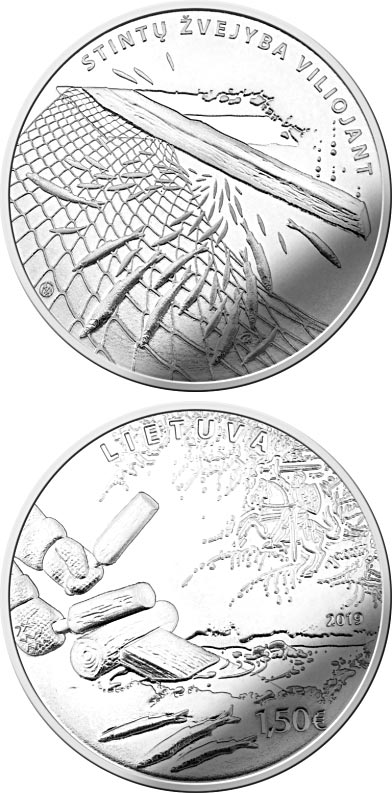 Image of 1.5 euro coin - Smelt fishing by attracting | Lithuania 2019.  The Copper–Nickel (CuNi) coin is of UNC quality.