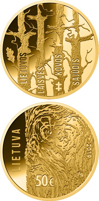 Image of 50 euro coin - Movement for the Struggle for Freedom of Lithuania | Lithuania 2019.  The Gold coin is of Proof quality.