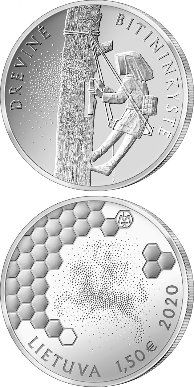 Image of 1.5 euro coin - The Tree Beekeeping | Lithuania 2020.  The Copper–Nickel (CuNi) coin is of UNC quality.