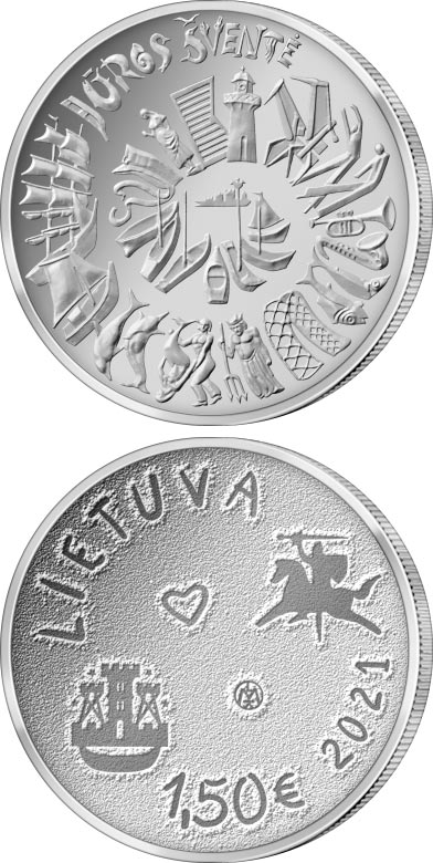 Image of 1.5 euro coin - The Sea Festival | Lithuania 2020.  The Copper–Nickel (CuNi) coin is of UNC quality.