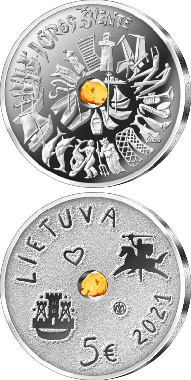 Image of 5 euro coin - The Sea Festival | Lithuania 2020.  The Silver coin is of Proof quality.