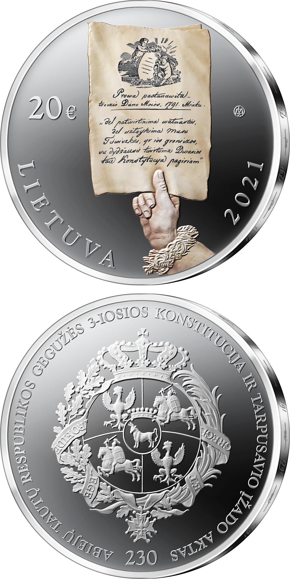 Image of 20 euro coin - 230th anniversary of the Constitution of 3 May and Mutual Pledge of the Commonwealth of the Two Nations | Lithuania 2021.  The Silver coin is of Proof quality.