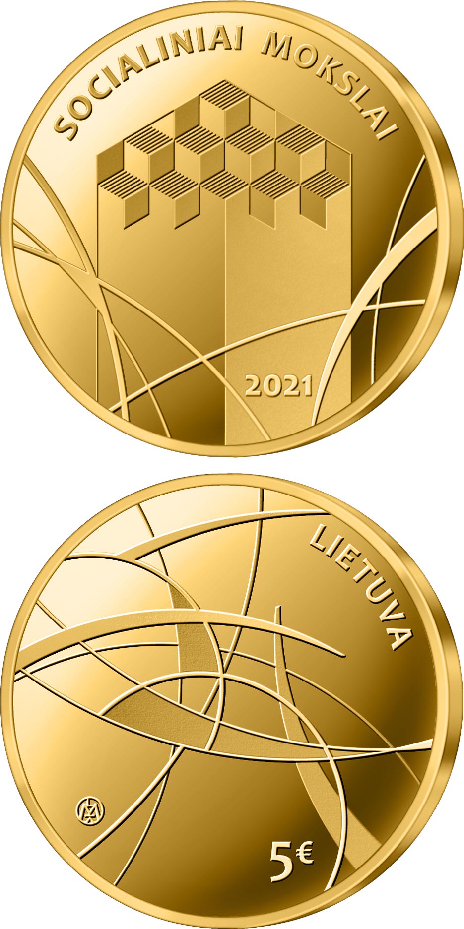 Image of 5 euro coin - Social Sciences | Lithuania 2021.  The Gold coin is of Proof quality.
