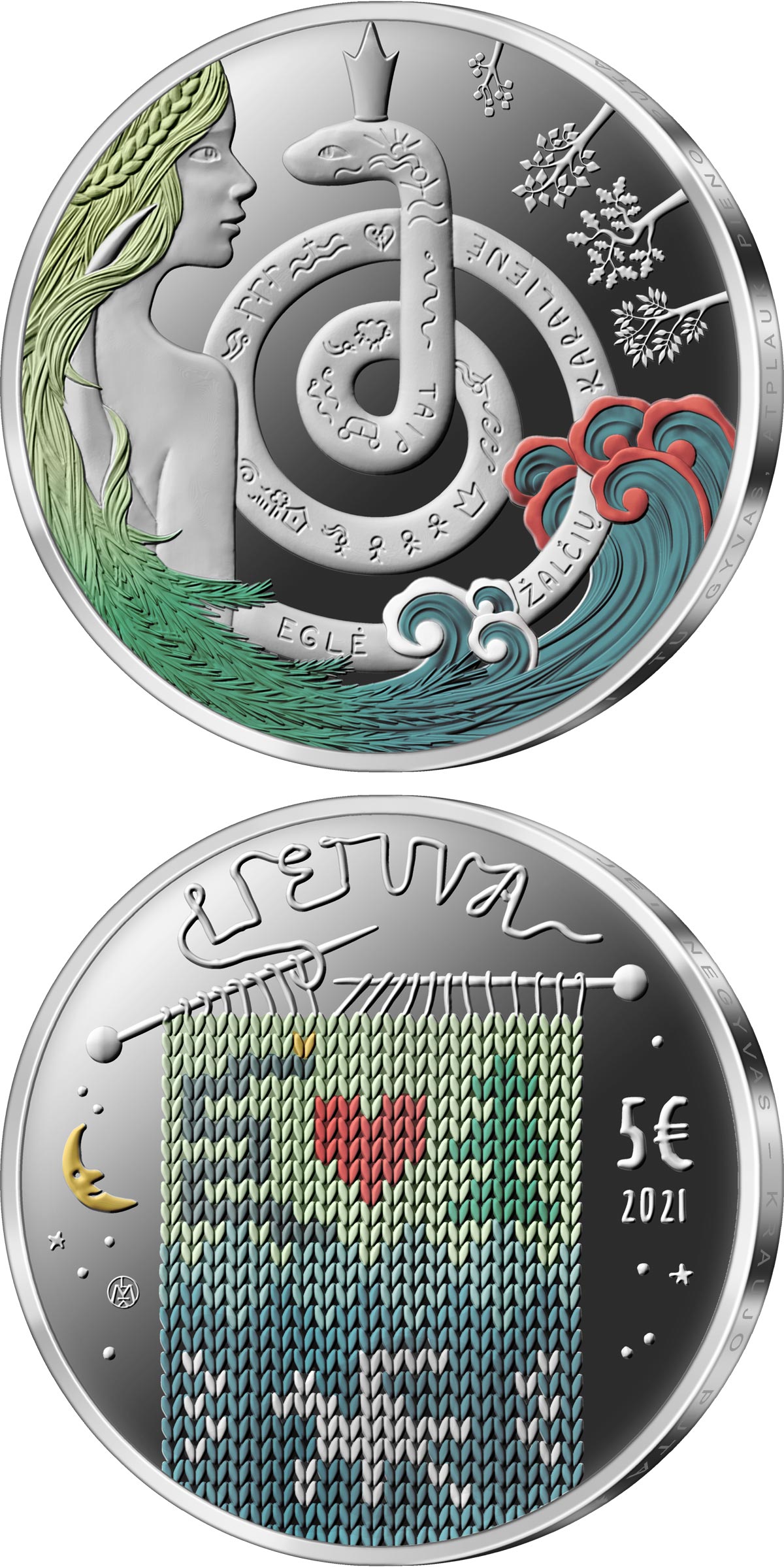 Image of 5 euro coin - Eglė - Queen of Serpents | Lithuania 2021.  The Silver coin is of Proof quality.