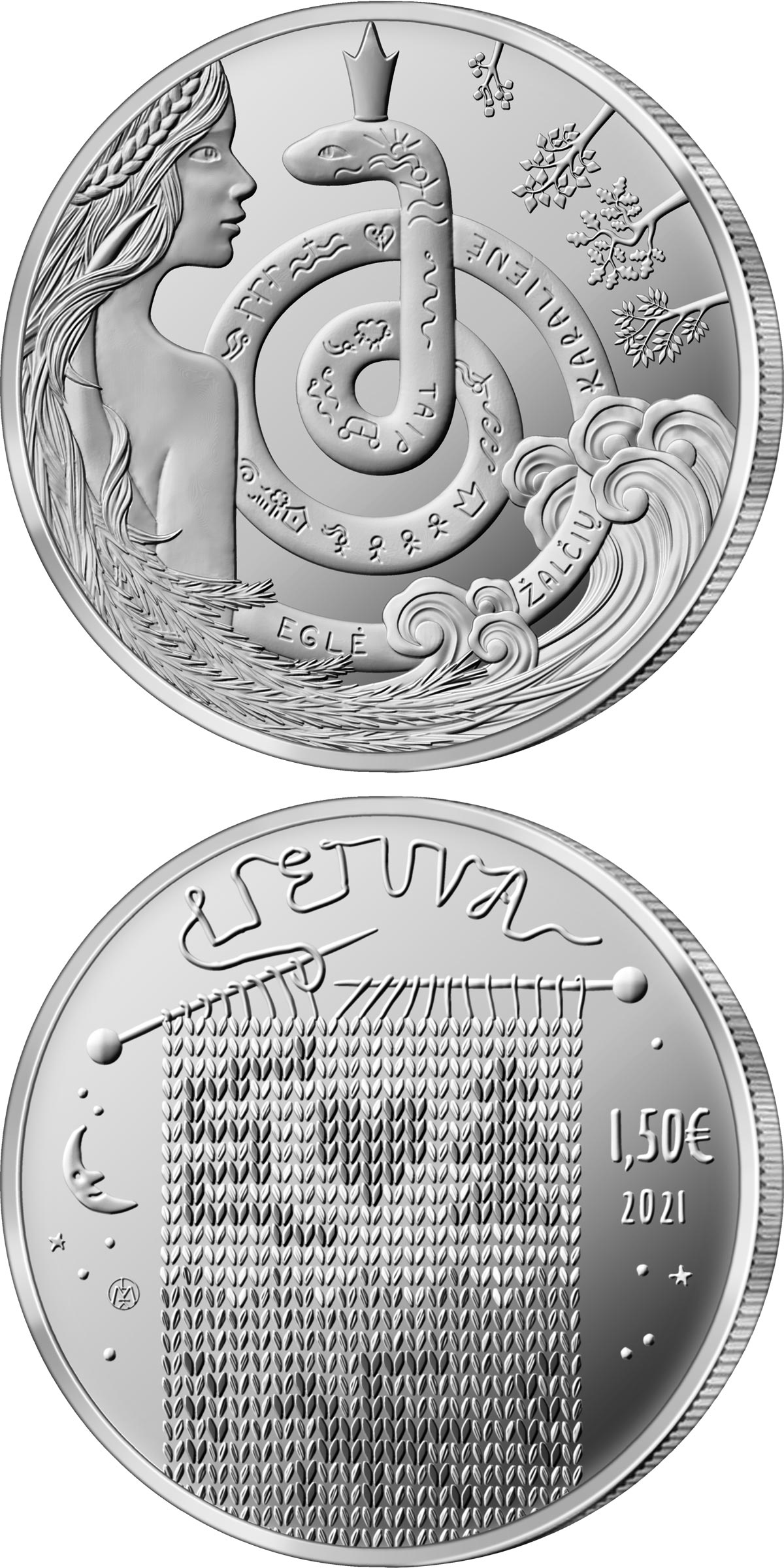 Image of 1.5 euro coin - Eglė - Queen of Serpents | Lithuania 2021.  The Copper–Nickel (CuNi) coin is of UNC quality.