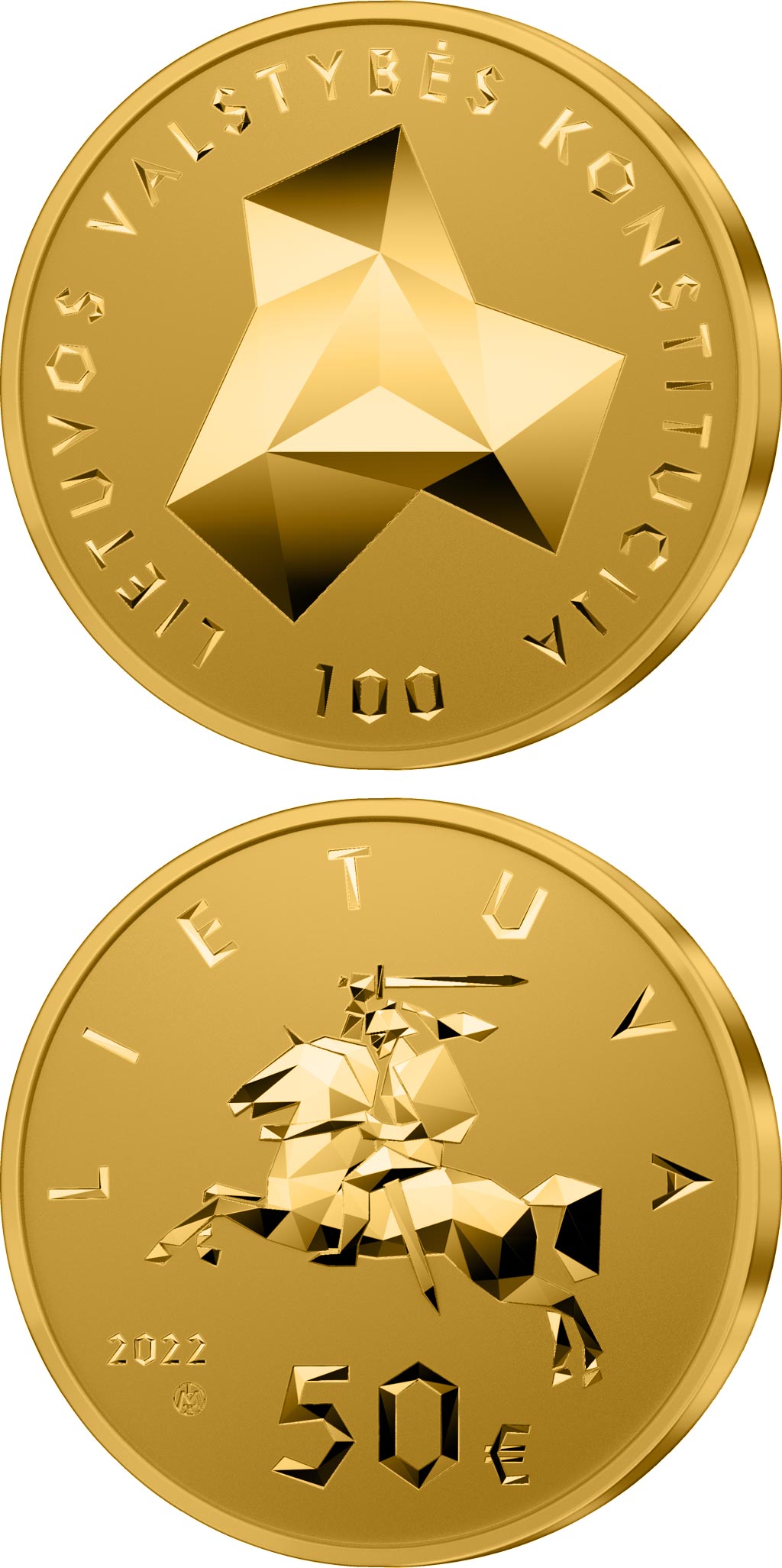 Image of 50 euro coin - Centenary of the Constitution of the State of Lithuania | Lithuania 2022.  The Gold coin is of Proof quality.