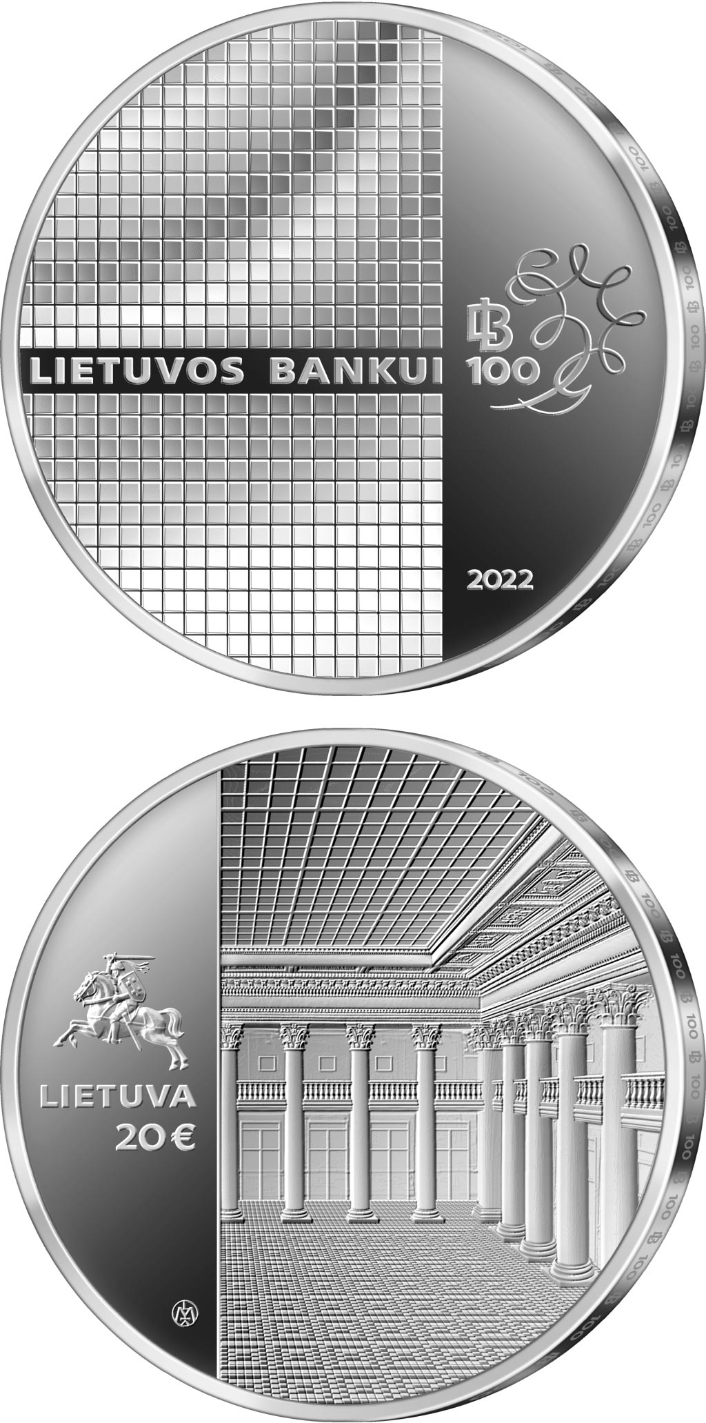 Image of 20 euro coin - 100th anniversary of the Bank of Lithuania | Lithuania 2022.  The Silver coin is of Proof quality.