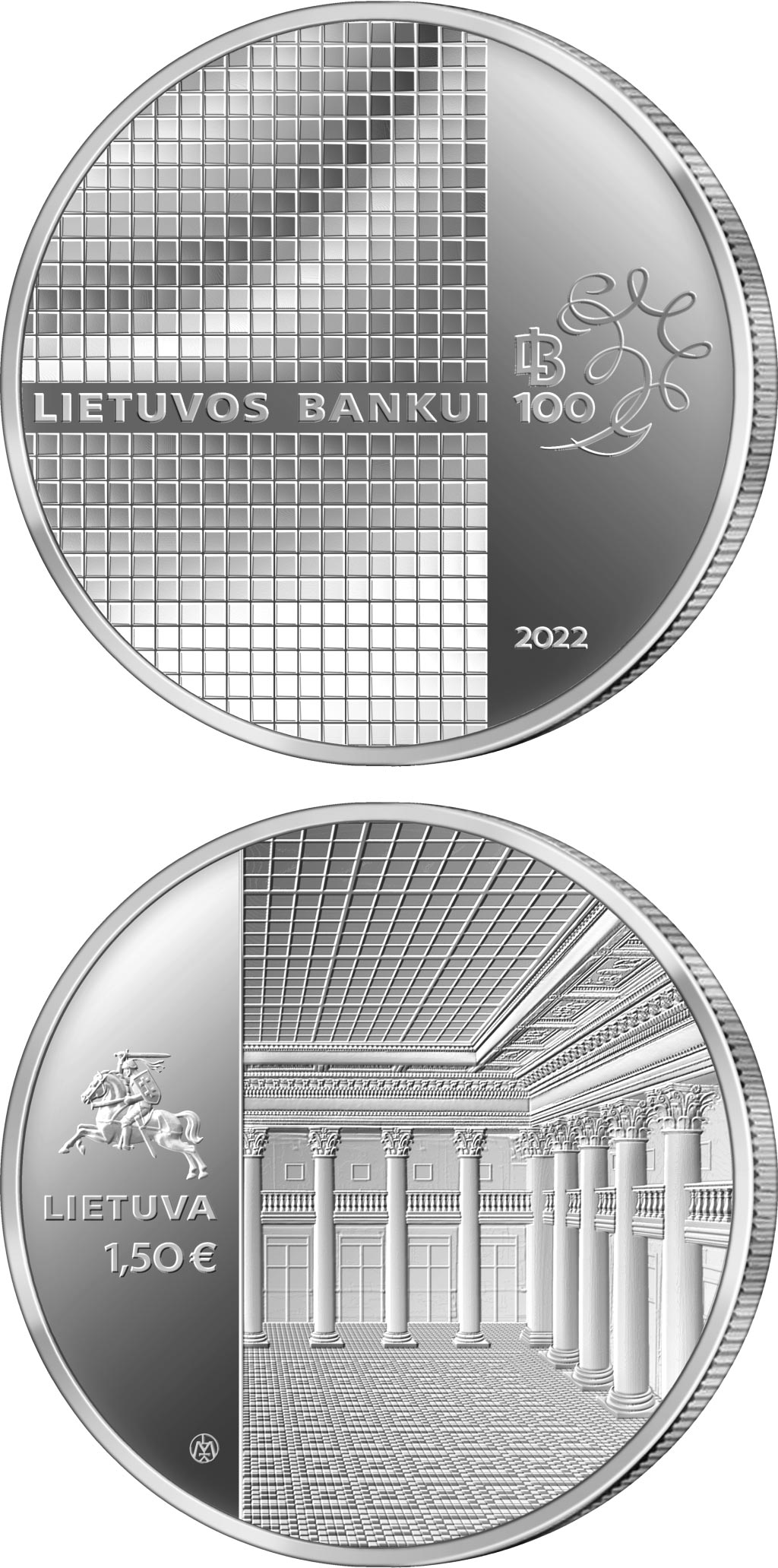 Image of 1.5 euro coin - 100th anniversary of the Bank of Lithuania | Lithuania 2022.  The Copper–Nickel (CuNi) coin is of UNC quality.