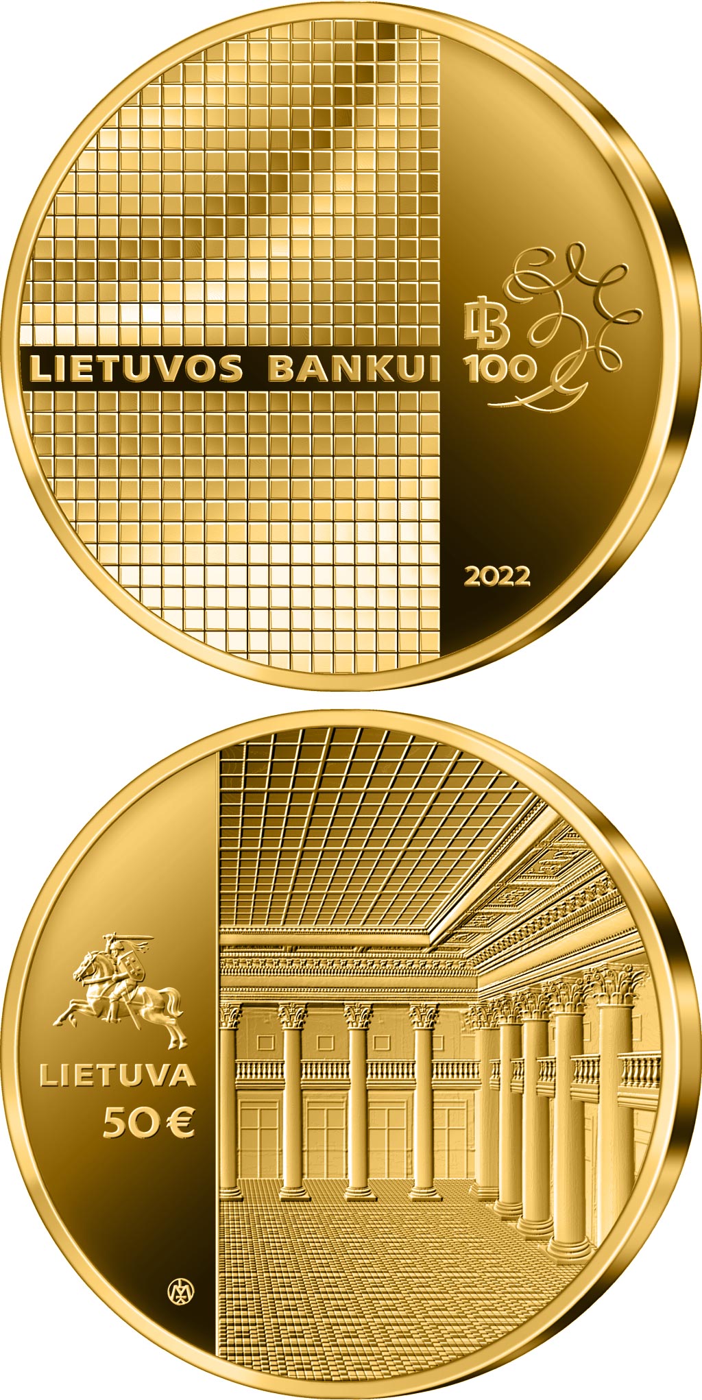 Image of 50 euro coin - 100th anniversary of the Bank of Lithuania | Lithuania 2022.  The Gold coin is of Proof quality.