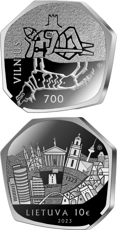 Image of 10 euro coin - 700th anniversary of the founding of Vilnius | Lithuania 2023.  The Silver coin is of Proof quality.